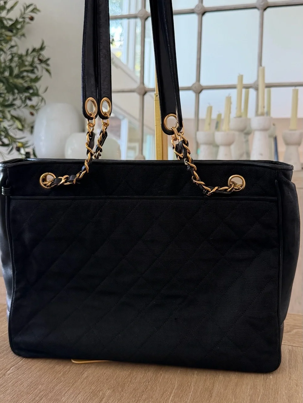 CHANEL Black Quilted Canvas Tote with Gold Chain-Strap